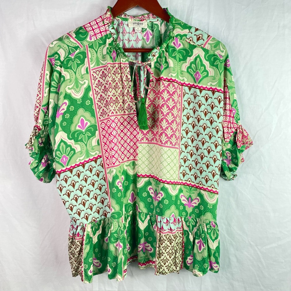 UMGEE Women's Floral Paisley V-Neck Boho Tunic Top Blouse Size S Ruffle Sleeves